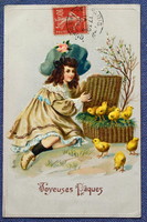 Antique embossed Easter greeting card - little girl with chicks in a basket, barka from 1908
