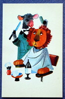 Retro üdvözlő  képeslap  Tomaska Irén grafika - oroszlán fodrásznál
