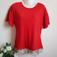 New Size 34/s Red Flower Print Tulle Ruched Short Sleeve T-Shirt Top