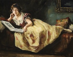 József Pettes: a young lady reading in a salon