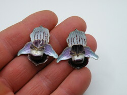 UK0152 Különleges aranyozott ezüst tűzzománc orchidea formájú fülbevaló  925