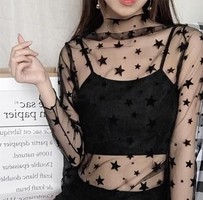 New, s black color, high neck, star pattern long sleeve top