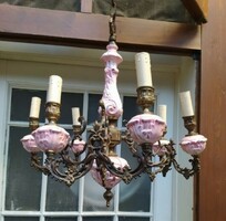 Vintage rózsaszín porcelán-réz csillár - hibátlan