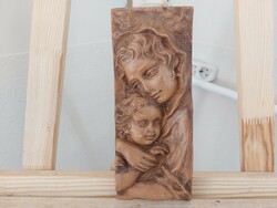 (K) ceramic wall picture of a mother with her child 9x23 cm, photographed with a glaze snap