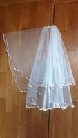 Fty67 - 2-layer snow-white mini wedding veil with wavy satin edges 30/50x100cm