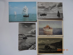 5 db régi képeslap együtt: járművek a Balatonon (hajó, vitorlás, gőzhajó, csónak)