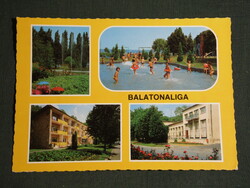 Postcard, balatonaliga, mosaic details, resorts, beach with children, park