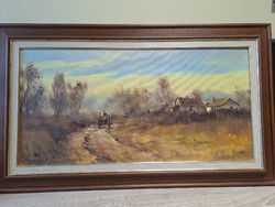 Jenő Bóna - somewhere in the country painting 40x80 cm