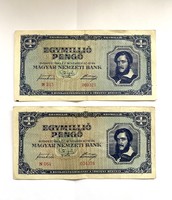 2 Pieces of one million pengő 1000000 pengő 1945