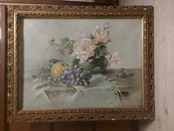Pipi(n) 1900, szignós csendélet festmény, olaj, vászon, 60x45/71x56 cm