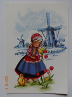 Régi grafikus holland üdvözlő képeslap (szélmalommal, tulipánokkal)