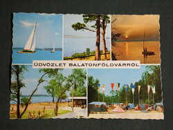 Képeslap, Balatonföldvár,mozaik részletek,naplemente,étterem,kemping,strand,látkép,vitorlás hajó