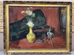László Lukovszky: Still Life with Violin painting (92x72cm)