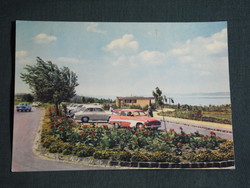 Képeslap, Balatonföldvár, parkoló, pihenő részlet,büfé, Wartburg 311 Camping autó