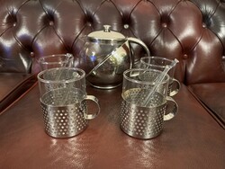 Four marked Jena coffee glasses in a metal holder and a metal-glass coffee pot. In perfect condition!