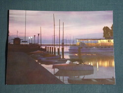 Postcard, Balaton castle, pier, sailing ship port, detail at dusk
