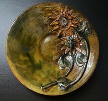 A ceramic work by Kata Pápai. Glazed, Art Nouveau, huge, sunflower-decorated ceramic