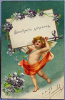 Antik dombornyomott  angyalkás üdvözlő képeslap - ibolya  1911ből