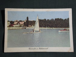 Képeslap, Balaton, part,móló,kikötő részlet ,vitorlás hajó