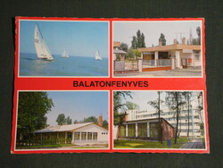 Képeslap, Balatonfenyves,mozaik részletek, vigadó étterem,KISZ tábor,vitorlás hajó,üdülő