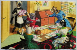 Régi retro humoros grafikus képeslap cica  - cicahölgyek vendégség balesettel