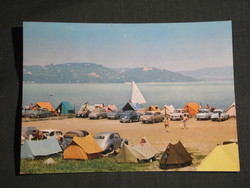 Képeslap, Balaton látkép Tihanyra, kemping, sátor, autók