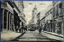 Pécs - király utca, stores tram, advertising postcard published by Berta Karpf, Pécs 1914