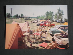 Képeslap, Balaton part részlet látkép, kemping, camping részlet emberekkel, Skoda 100 autó