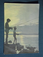 Képeslap, Balaton part látkép, naplemente, horgászokkal