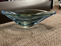 Kézműves üveg asztalközép, csónak alakú, gyönyörű kék színben, hibátlan
