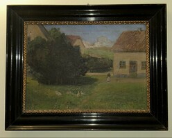 From HUF 1 with no minimum price! 19th century village street scene with animals and a figure! Oil painting