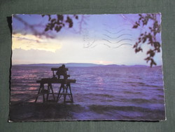 Képeslap, Balaton part látkép, naplemente, horgászokkal