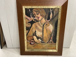 Gyenes putty art deco painting smoking woman girl modern avant-garde