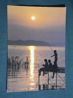 Postcard, Balaton beach panorama, sunset, with fishermen