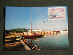 Postcard, Balaton beach, Badacsony pier, harbor detail with ships, Balaton Budapest stamp