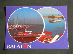 Képeslap, Balaton mozaik részletek, móló, öböl, kikötő részlet hajókkal, vízibicikli