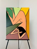 Forray Nóry kortárs festőművész absztrakt, modern színes festménye - "Akrobata játéka", 50x70 cm