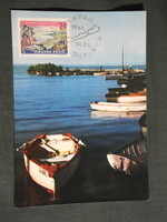 Postcard, Balaton beach, Szigliget bay detail with boats, Balaton Budapest stamp