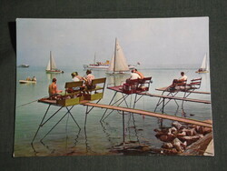 Képeslap, Balaton part  részlet, stégekkel horgászokkal, Jókai sétahajó, vitorlás hajó