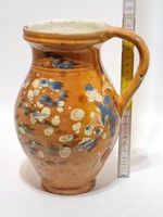 Popular, splashed dark brown, blue, white glaze dots, light brown glazed ceramic milk jug (2948)