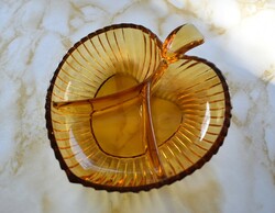 Retro amber-colored heart, apple-shaped split glass serving bowl, bowl