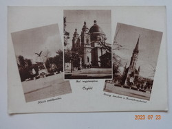 Old postmarked postcard: brickwork, memorial statue of heroes, ref. Great church, evang. Church on Kossuth-so