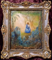 Jézus prédikál.34x28cm Prima díjas művész alkotása antik keretben.Károlyfi Zsófia (1952).
