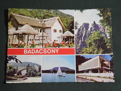 Postcard, Badacsony, mosaic details, small village house, wine bar, post office, restaurant, stone bags, sailing ship