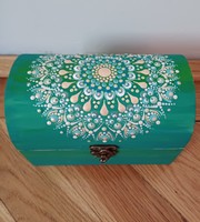 New! Wooden treasure box, jewelry holder, with hand-painted turquoise mandala decoration, 16.5x12x10cm