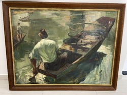 Boross Géza "Halászbrigád a Tiszán" festmény horgászat hal antik folyó vízpart életkép szocreál