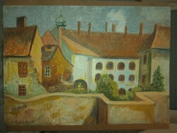 L.Kovács Júlia/Pósfai Júlia/Pósfainé: "Kőszegi sétány", festmény, olaj, karton, 50x70 cm