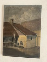 Oil canvas painting: Szentendre washing mother 1920 art deco
