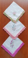 3 pieces of old handkerchief embroidered crocheted lace flower pattern