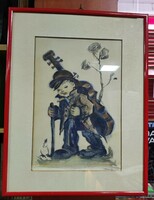 The little cellist hummel watercolor...In a glazed wooden frame. 43 X 33 cm..